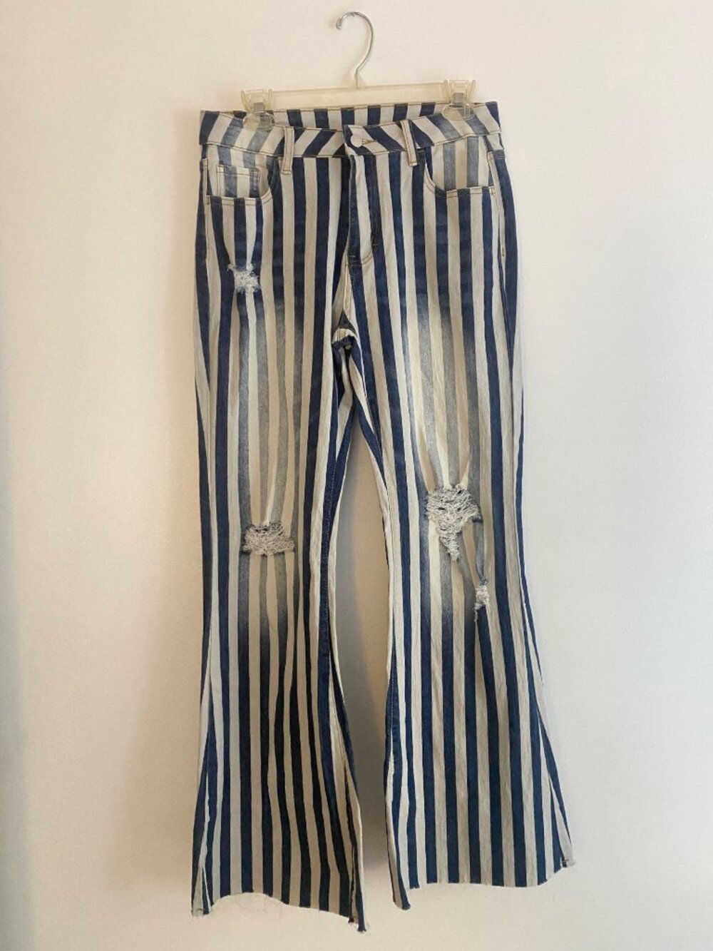 Boutique Blue & White Striped Distressed Flared Jeans Size M